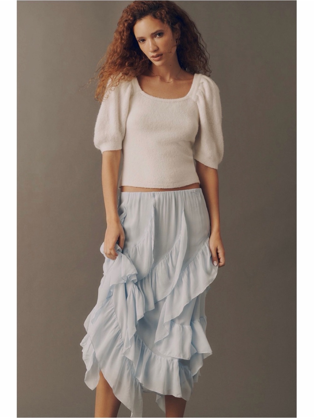NEW By Anthropologie Light Blue Ruffle Tiered Cascade Skirt with Slip Medium